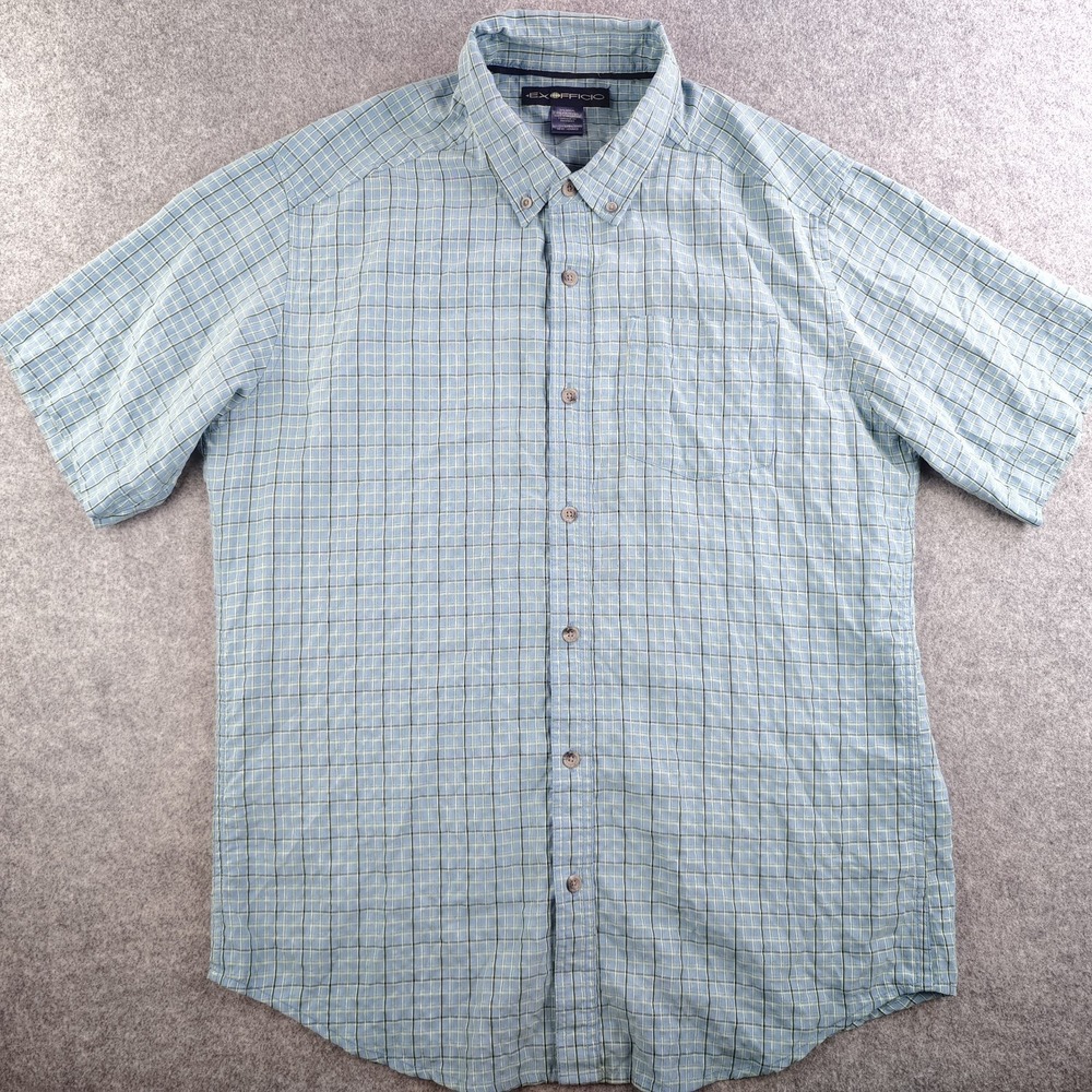 Exofficio Shirt Mens Large Blue Green Plaid Short Sleeve Button Down Modal